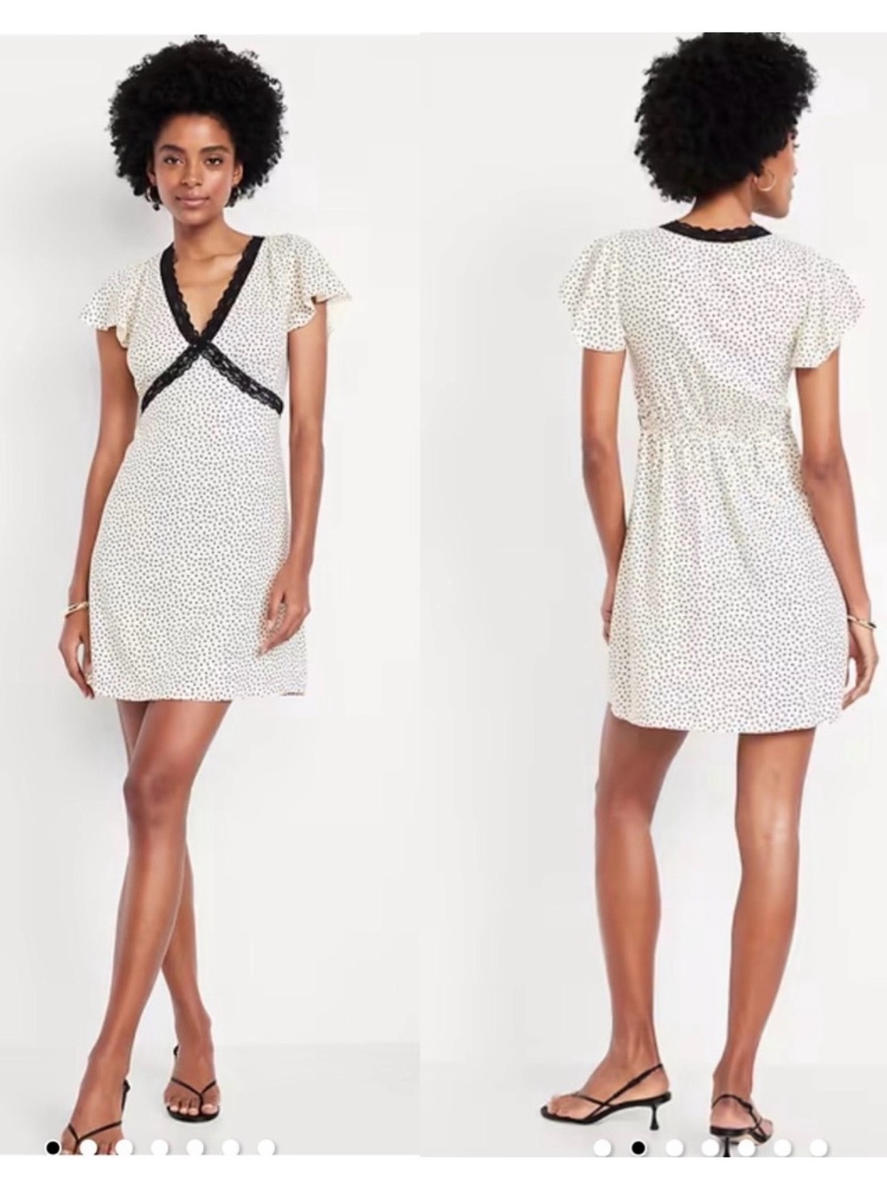 Old Navy Ivory Mini Dress with Black Polka Dots and Black Lace Trim